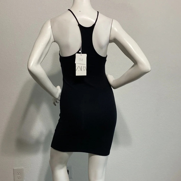 ZARA NEW Mini Dress Halter Neck Racerback Above Knee Stretch Black Size Medium - Picture 4 of 6